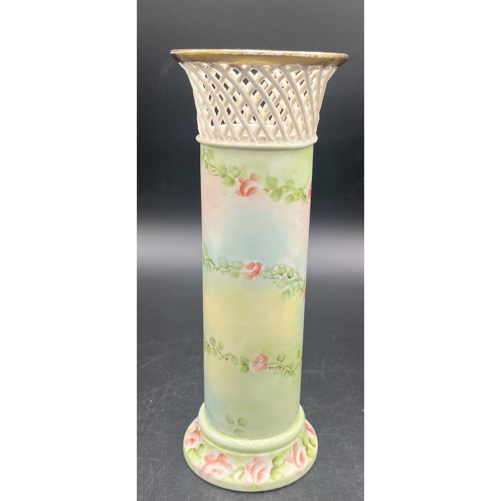 Antique Rare Floral Cylindrical Vas With Delicate Lattice Basket Weave Maker Unk